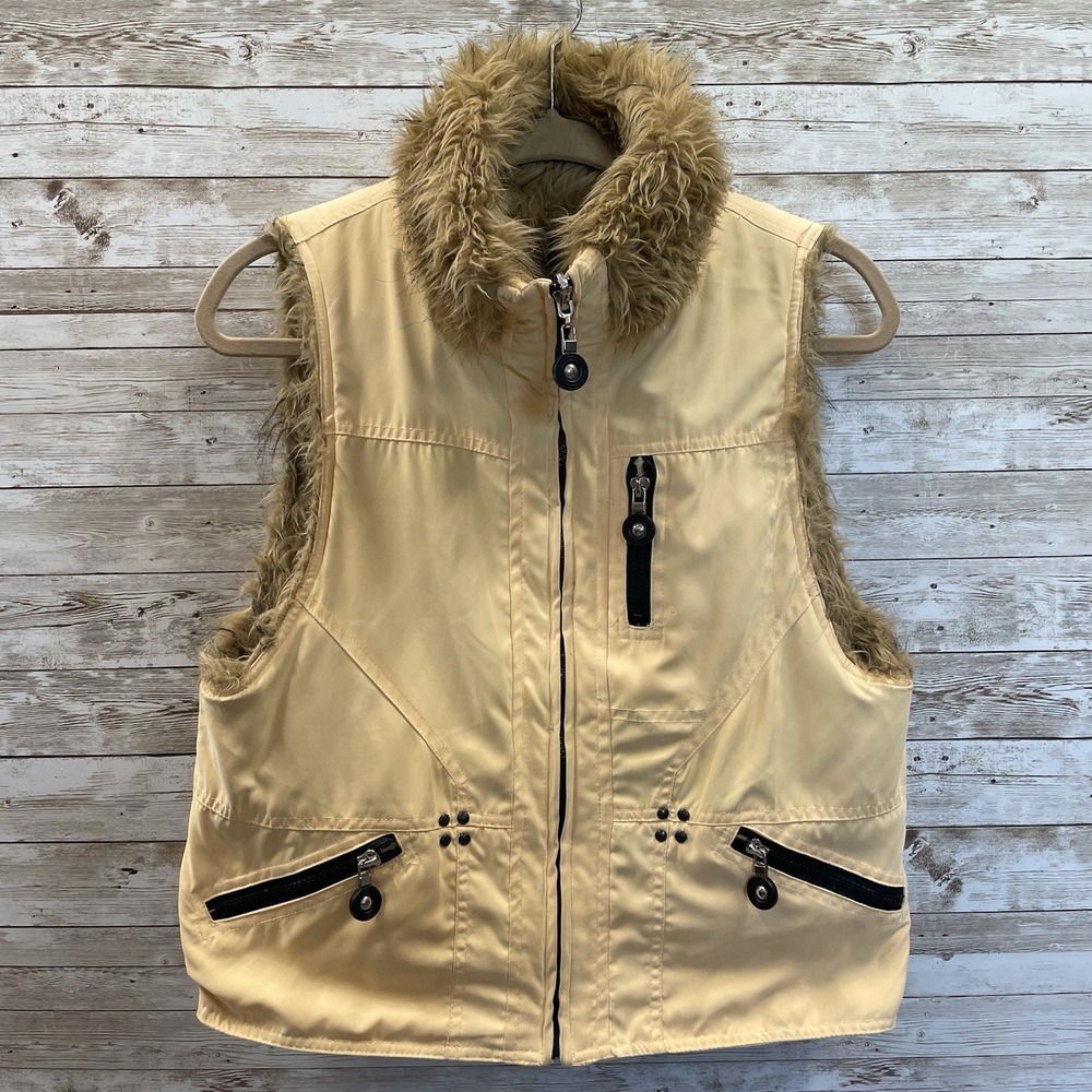 Jamie Sadock Womens M Vest Reversible Faux Fur Zip Front Ecru Peach Pockets - Picture 16 of 16